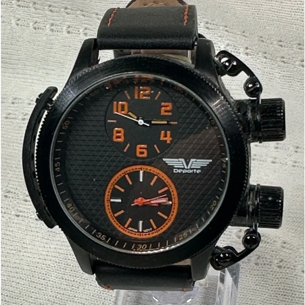 Deporte Sutton Dual Time Black Leather 50mm  Quartz Watch
